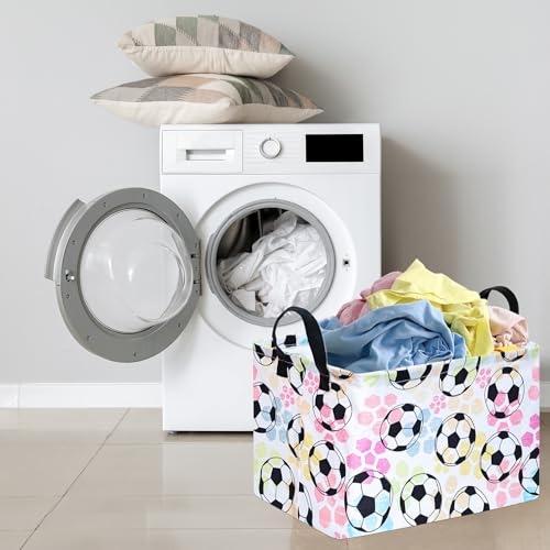 Image of Football Socer Pattern Storage Basket Gift Laundry Bins Collapsible Storage Baskets Box Laundry Nursery Hamper for Home and Office Decoration with Handles