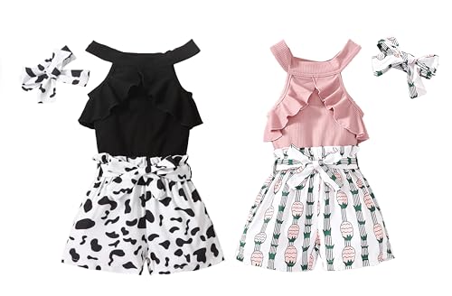 Image of Agitation Girls Summer Sets with Cold Shoulder T-shirt Elastic Paperbag Waist Shorts Headband 3pcs with 2 Sets Gifts for Kids