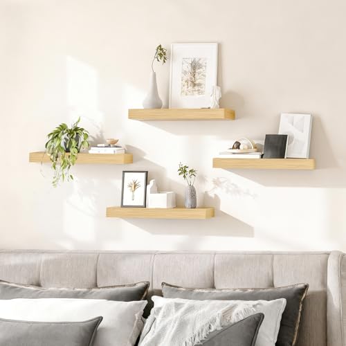 Image of HOOBRO Floating Shelves for Wall, Wall Mounted Shelf Set of 2, 15.7 inch Hanging Shelf with Invisible Brackets, for Wall Decor Storage in Bathroom Bedroom Kitchen Living Room Office, Natural NL40BJ01