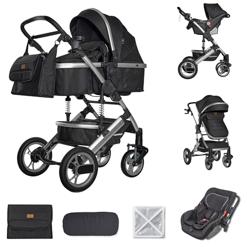 BRONEA® EXQUISE 2.0 Kinderwagen 3-in-1 Komplettset Inkl. Auto-Babyschale & Matratze für Babywanne | Buggy, Zusammenklappbar, Wickeltasche, Regenschutz, Mücken- & Sonnenschutz (Silber-Schwarz)