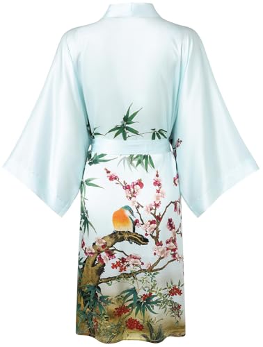 Image of Women's Silk Kimono Robe Short Bathrobe Nightgown 100% Mulberry Silk for Women - Classic Floral Pattern