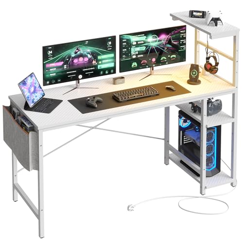 Bestier 155CM Corner Desk with Power Outlets Large Computer Desk with LED Lights Reversible Writing Table with Side Pocket Storage Bag & Accessories Hanger for Home Office