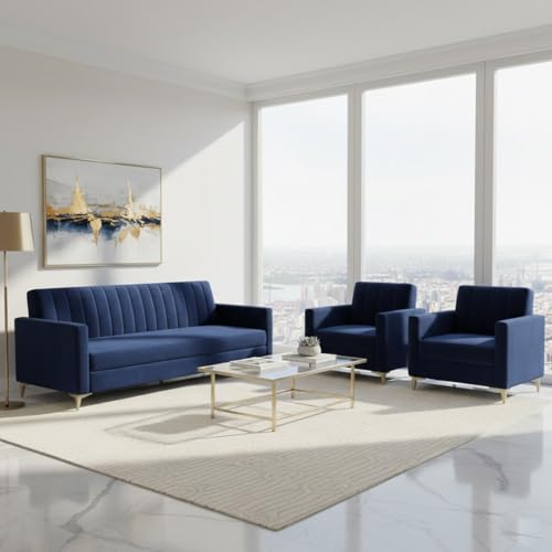 Image of Marvello 3+1+1 Fabric Sofa Set for Living Room | Soft Velvet Upholstery, Sturdy Wooden Frame | Stylish Sofa for Hall & Office Spaces (Dark Blue)