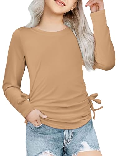 Image of Arshiner Girls Long Sleeve Shirts Ruched Knot Side Tunic Blouse Tee Tops