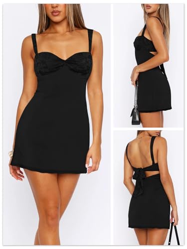 Image of Women's Summer Mini Dresses Sleeveless Sexy Square Neck Lace Splicing Cocktail Party Straps Bodycon Dress