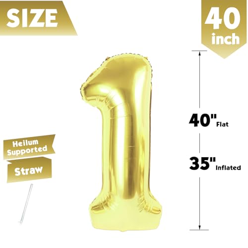 Image of 40 Inch Light Gold Number 1 Balloon, Champagne Birthday Party Decorations | 40 Inch Light Gold inflatable foil number balloons, large birthday decorations for 1st birthday