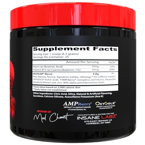 Image of Insane Labz Redrum High Stim Pre-workout NO Booster Powder, Loaded with Beta Alanine, Agamatine Sulfate, Taurine and Fueled by AMPiberry & OXYgold for Strenth and Recovery, 25 Servings, REDRUM (Grape)