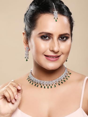 Image of ASMITTA Jewellery Silver American Diamond Necklace Set with Maang Tikka | Traditional Rhodium-Plated CZ Jewellery Sets for Women | Perfect for Bridal Weddings, Festivals & Special Occasions