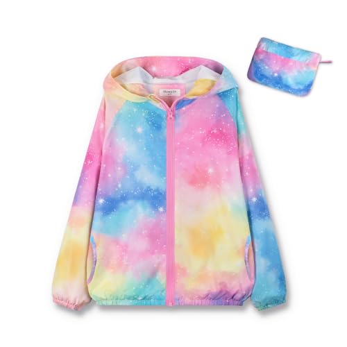 Girls Lightweight Hooded Jacket Kids Water-Resistant Windbreaker Printed Jacket,4-12Y