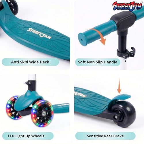 Image of STREETJAM Zoltra LED Wheel Kids Kick Scooter 3-12 Years, LED Light Wheels, BIS Approved, Lean-to-Steer, Extra Wide Deck, Vibrant Two-Tone Design, Up to 50 kg Load (Turkish Green with Ivory White)