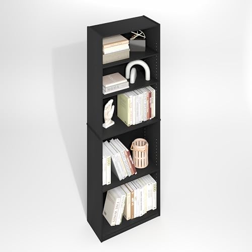 Image of Furinno Jaya Simply Book Shelf, 5-Tier Bookshelf, Bookcase with Adjustable Shelves, 9.5 x 24.5 x 71.2, for Living Room, Bedroom, Home Office, Darkwood