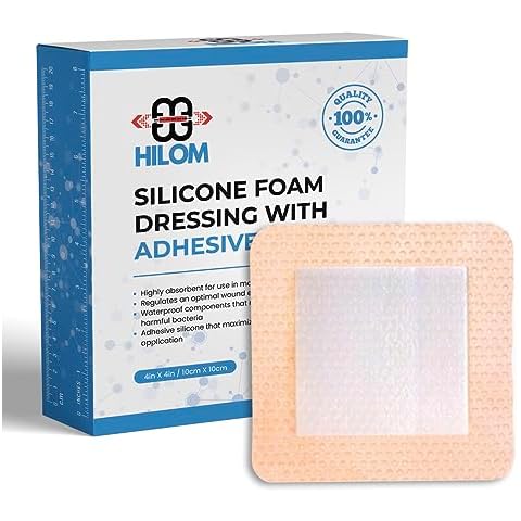 Hilom Silicone Foam Dressing with Adhesive Border 4 in x 4 in (10 Pack) Waterproof Dressing | Moist to Heavily Draining Wounds Including Pressure Ulcer, Burns, or Lacerations | Latex Free Cover