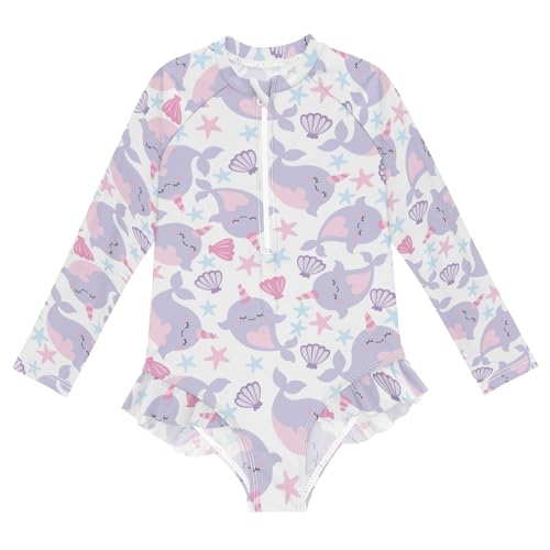 susiyo Cute Narwhal Girls Long Sleeve One Piece Swimsuits Rash Guard Bathing Suit UPF 50+ Zipper Girl Swimwear