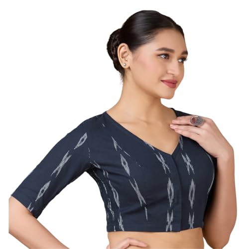 Image of Studio Shringaar Women Cotton Ikat Stretchable (Smocked) Readymade Elbow Length Sleeve Saree Blouse