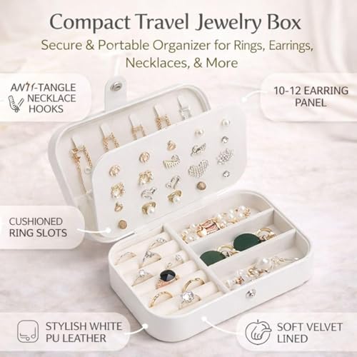 Image of Mini Jewellery Travel Case, PU Leather Organizer Box, Small Portable Jewellery Storage Holder for Womens Rings Earrings Necklaces (PU White Whispers of Love)