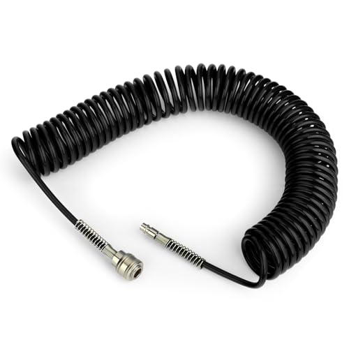 TAILONZ PNEUMATIC Black 10M PU air Spiral Hose with 8mm Outer Diameter, (with Quick Coupling and Plug Nipple, PU Hose Material)