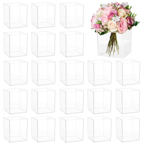 24 Pack Acrylic Vases for Centerpiece Acrylic Cube Plastic Flower Vase Bulk Succulent Pots Planters Clear Small Square Opening Plastic Vases for Centerpiece Wedding Party Home Office 4 x 3 x 3 Inch