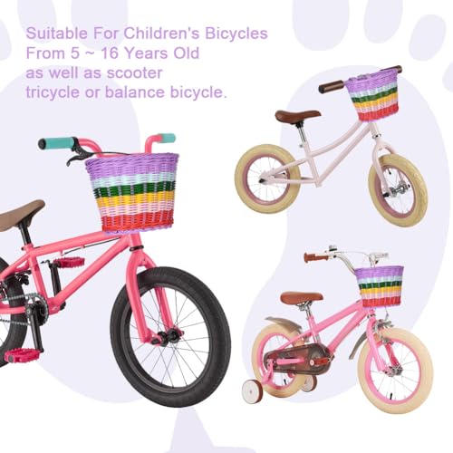 Flintronic Fahrradkorb für Kinder und Mädchen - Geflochten, Vorne Montierbar, Abnehmbar aus Rattan Mit Lederriemen (Mehrfarbig)