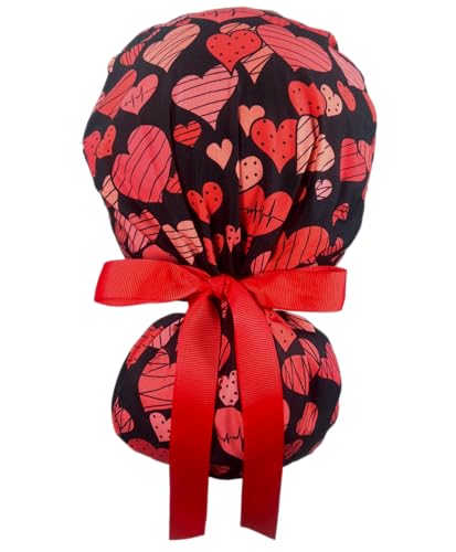 Image of Scrub Cap for Women and Men, Ponytail Scrub Caps, Working Hat, Head Cover with Ribbon Ties and Buttons, Long Hair (Cardiac Hearts on Black)