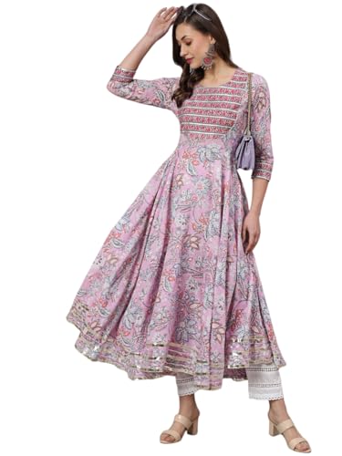 Image of Women Cotton Printed Round Neck 3 /4 Sleeve Flared Kurta