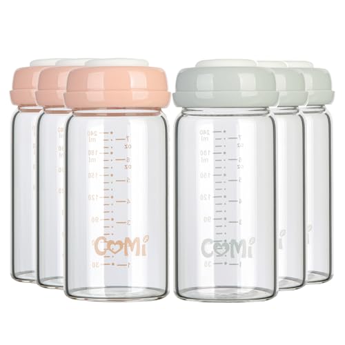 Image of COMI Wide Neck Glass Breastmilk Collection n Storage Bottle, 6 Packs, 8oz with Screw Ring Sealing Disk; Re-markable Sealing Disc. BPA Free, Fits Breast Pumps & Nipples (3 Gray Lids + 3 Pink Lids)