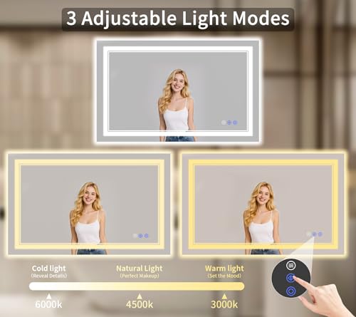 Image of 32 inchx48 inch LED Bathroom Mirror with Lights, Anti-Fog, Backlit + Front Lit, Dimmable, Led Vanity Mirror for Wall, Lighted Bathroom Mirror, 3 Colors, Shatter-Proof Tempered Glass