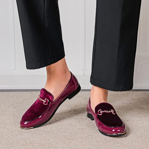 FLQL Men's Luxury Velvet Patent Laether Loafers Leather Oxford Classic Gold Buckle Slippers Party Prom Club Dress Shoes Size 7-132