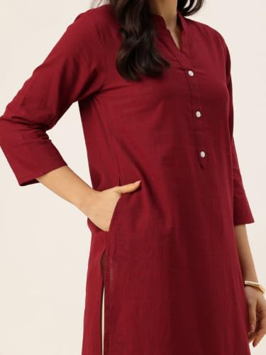 Image of feranoid Women's Plain Cotton Kurta with Mandarin Collar, 3 /4 Sleeves & Pocket