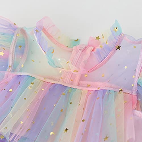 Toddler Girls Fly Sleeve Rainbow Star Sequins Prints Tulle Princess Dress Dance Party Dresses Clothes (Pink, 3-4 Years)2