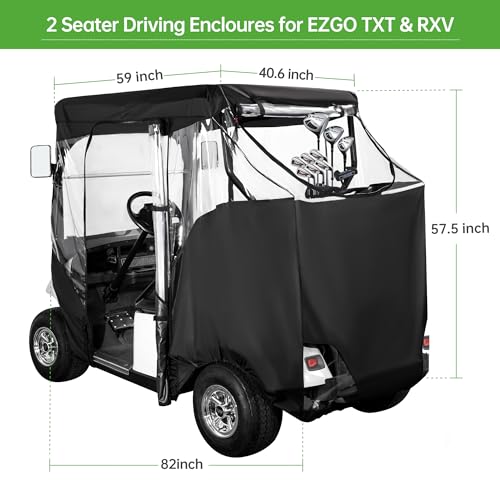 10L0L Deluxe Golf Cart Enclosure for 2 Passengers EZGO TXT RXV with Side Mirror Openings, Waterproof Portable 4-Sided Transparent Windows Golf Buggy Driving Enclosure Cover Black - Roof up to 58" L