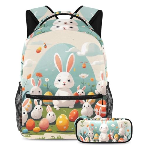 Sac à dos et trousse œuf de lapin de Pâques blanc pour l'école