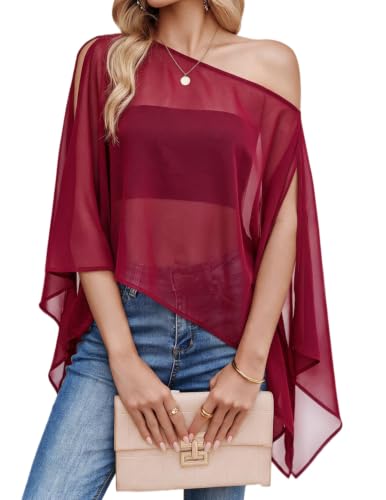 Avidlove Off the Shoulder Tops for Women Batwing Slit Sleeve Chiffon Shirts