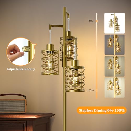 Image of Oneach 70 inch Industrial Floor Lamp, Stepless Dimmable Standing Lamp with 3 Bulbs, Farmhouse Corner Standing Tree Lamp for Living Room, Tall Lamps for Bedroom, Office, Study Room, Dining Room, Gold