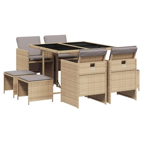 Mhdvray Ensemble de Salle à Manger de Jardin 9 Pièces en Résine Tressée, Salon de Jardin Cube Gain de Place avec Table en Verre Trempé, 4 Chaises et 4...