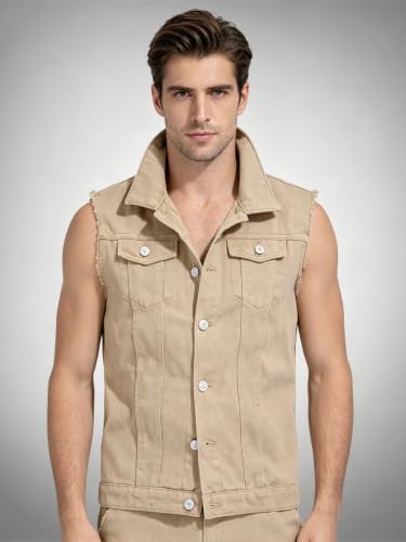 Image of Men's Sleeveless Ripped Denim Vest Casual Slim Fit Button Down Jeans Vests Jacket