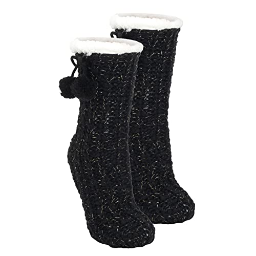 Image of Elanze Designs Gold Glitter Knit Pom Pom Womens One Size Plush Lined Non Skid Indoor Slipper Socks