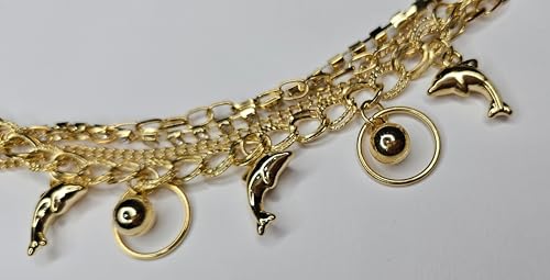 Image of Layered Gold-Tone Chain Anklet with Dolphin Charms and Ring Pendants