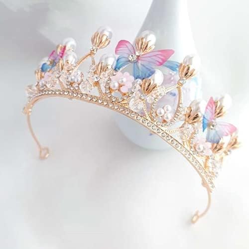 Miniatura 5 de Tiara para niñas, corona de princesa de mariposa, diadema de perlas doradas, postizo de diamantes de imitación para niñas, tiaras decorativas de