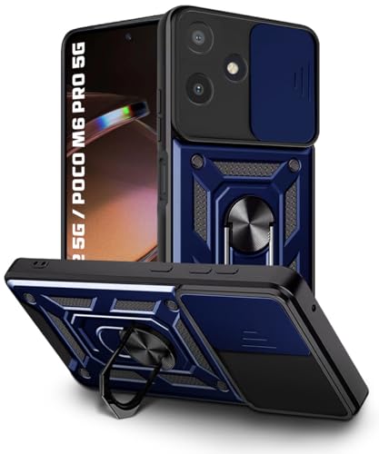 Image of WOW IMAGINE Tough Armor Bumper Mobile Back Case for Mi Redmi 12 5G | Poco M6 Pro 5G | Sliding Camera Shield Cover | Shock Proof 360 Protection | Hybrid PC + TPU | Ring Holder with Kickstand - Blue