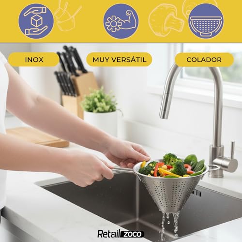 Miniatura 2 de Colador Chino De Cocina, Colador Forma Cónica, Colador Chino, Escurridor De Acero, Apto Para Para Pasta, Verduras, Frutas Y Arroz, Acero Inoxidable, Incluye 1 Gancho De Sujección, Diámetro 20 Cm