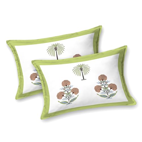Image of BLOCKS OF INDIA Hand Block Printed 200 TC Cotton King Size Bedsheet (Open Green Motifs)