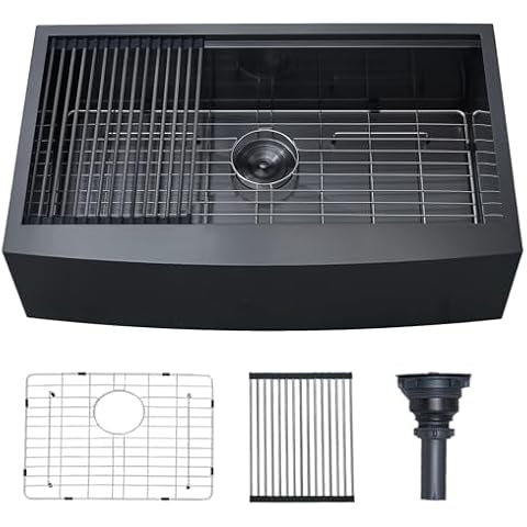 Ufaucet 33 Inch Black Farmhouse Sink,Gunmetal Black Apron-Front Stainless Steel Deep Single Bowl Farm Sink,16 Gauge Undermount Farmhouse Kitchen Sink with Integrated Ledge and Accessories Cover
