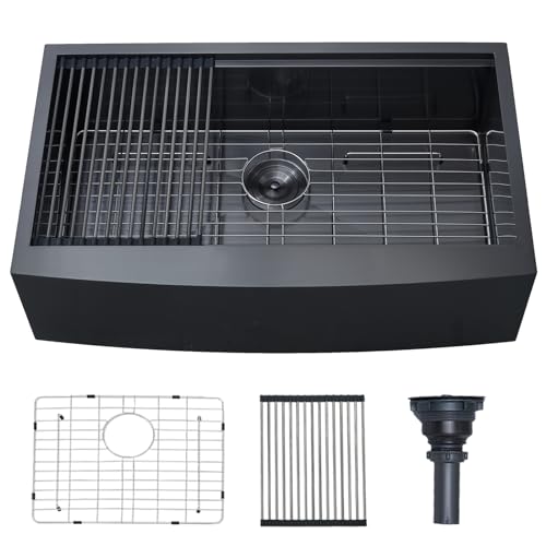 UFaucet 33 Inch Black Farmhouse Kitchen Sink, Undermount Gunmetal Black Apron Sink 16 Gauge Stainless Steel, Single Bowl Workstation with Accessories, 33 x 20 x 9