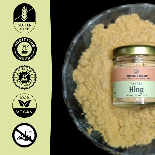 Image of Indiana Organic Pure Hing Powder (Gluten Free) | No Flour, No Additives, No Fillers | asafoetida powder kayam Perungayam | High Potency | Mustard Size Usage -10 gram | Lab tested no wheat flour or maida (10 gram)