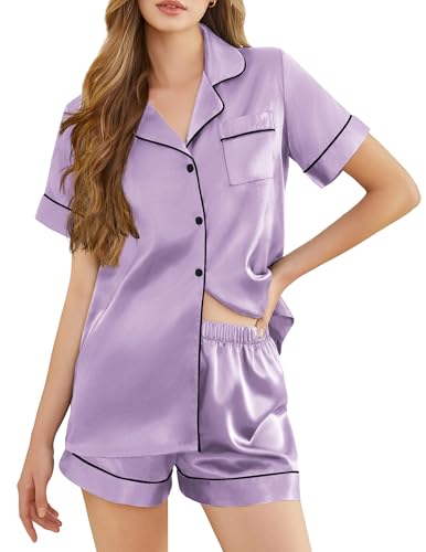 SHEFOTY Silk Pajamas for Women Short Sleeve Sleepwear Soft Button Down Loungewear 2 Piece Satin Pjs Shorts Set S-XXL Lavender