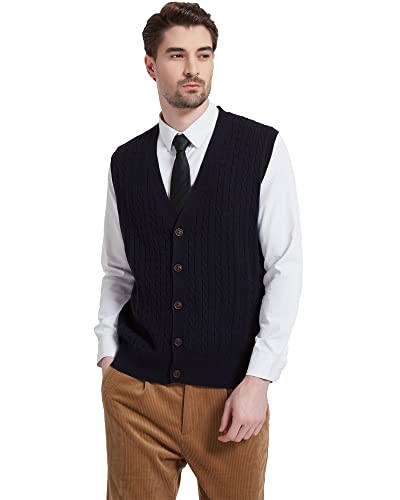 Kallspin Men's Big & Tall Cashmere Wool Blended Sweater Vest Cable Knit Relaxed Fit V Neck Sleeveless Knitted Button Cardigan (Black,X-Large Tall) #TOP3