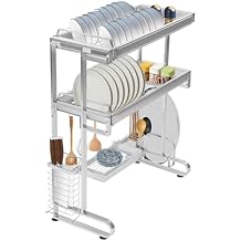 Over The Sink Dish Drying Rack, Adjustable 45" Max Large Dish Drainer Drying Rack for Kitchen Counter with Hooks, Expandable Over Kitchen Sink Organizer