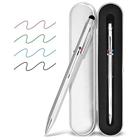 smttw 5-in-1 Stylus Pen&Multicolored Pen in One, Multifunction Pen with Metal Gift Box,Black Blue Red Green Ballpoint Pen Ipad with Universal Stylus Multicolor Pen for Touch Screens（Silver） Cover