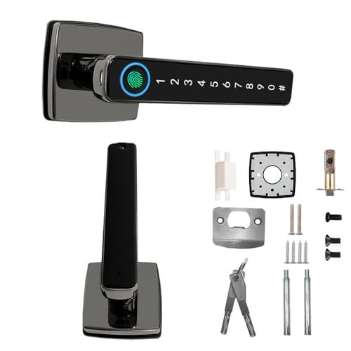 Smart Fingerprint Door Lock, Fingerprint Smart Door Handle With Key Code, 4 in 1 Keyless Tuya App Front Apartment Hotel Black, Designed for Bedrooms
