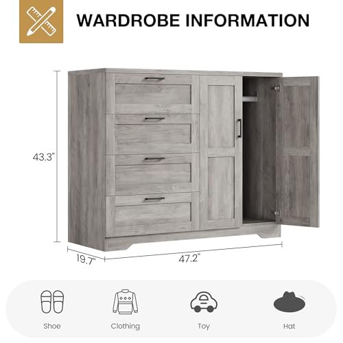 GarveeHome Multifunctional Wooden Dresser for Bedroom, 43.3'' H 2 Door Wardrobe Armoire Closet with 4 Drawers and Hanging Rod, Low Storage Cabinet for Hanging Cloth, Gray